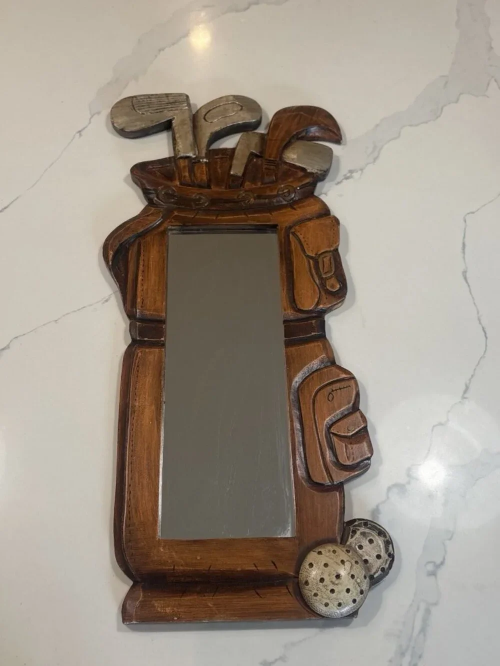 Vintage Wood Golf Bag carved Wall Mirror Decor Clubs And Balls Folk Art Style